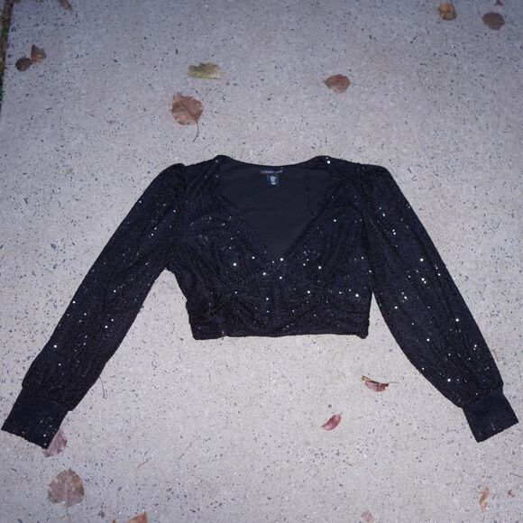Sincerely Jules Bandier Sequin Top Black Deep V Long Sleeve Sz XL Party - Picture 2 of 13